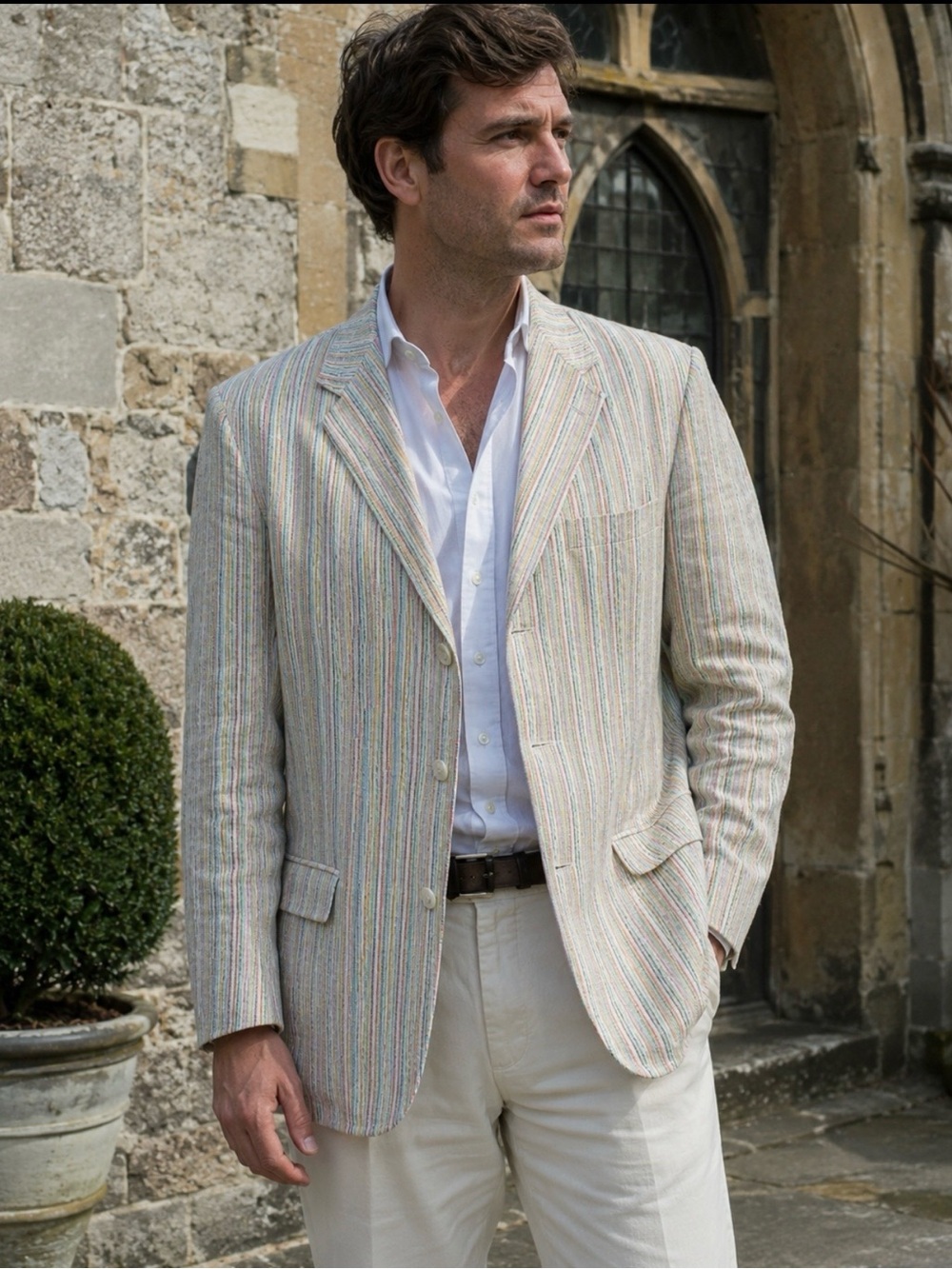 Vintage Haspel Linen Men Sport Coat Blazer 44 Long Multicolor Stripe Preppy Ivy
